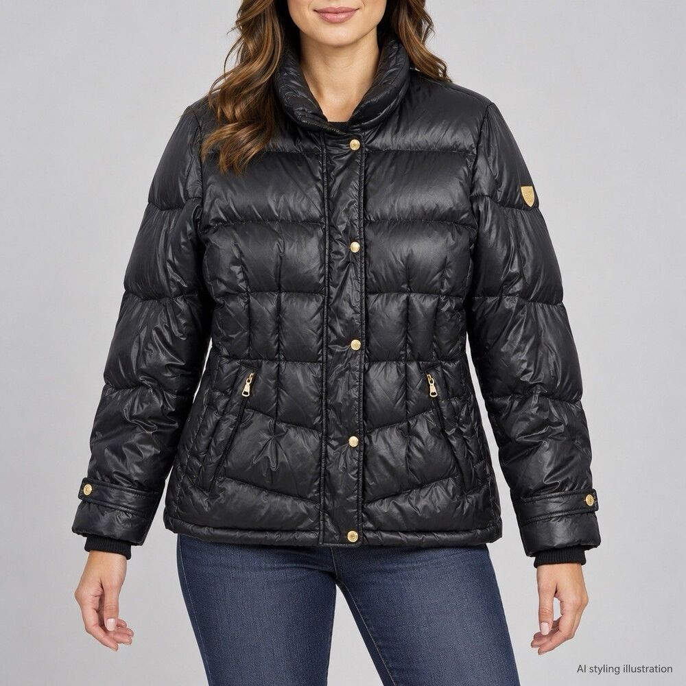 Vince Camuto Black Down Puffer Jacket Womens L Gold Hardware Quilted Coat Chore